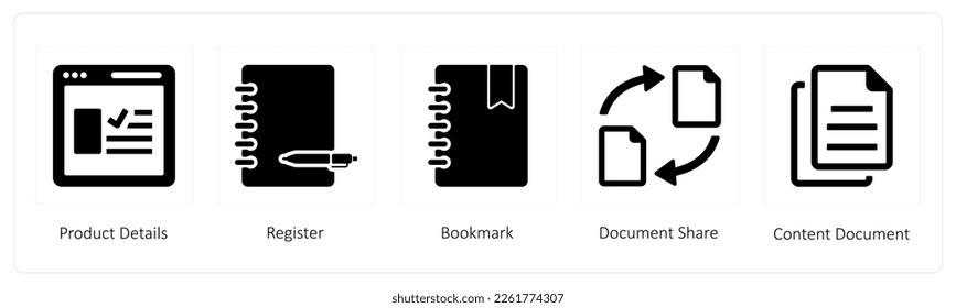 A set of 5 business icons such as Product Details, Register, Bookmark