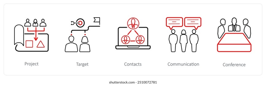 Um conjunto de 5 ícones de negócios, como projeto, destino, missão