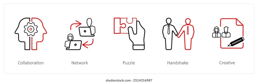 A set of 5 business icons such as collaboration, network