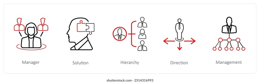 A set of 5 business icons such as manager, solution, hierarchy