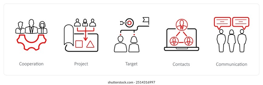 A set of 5 business icons such as cooperation, project