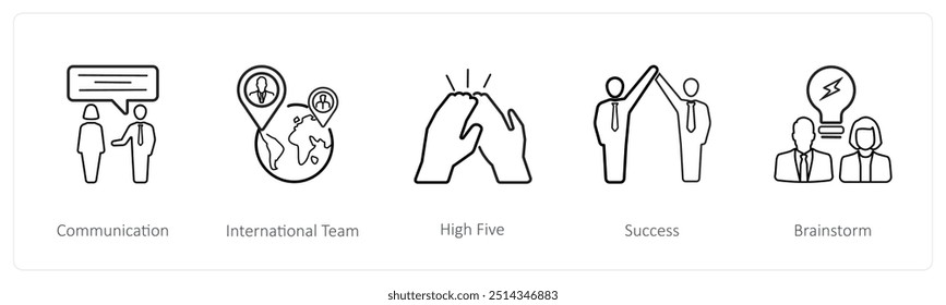Um conjunto de 5 ícones de negócios, como comunicação, equipe internacional