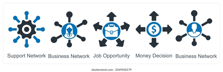 A set of 5 business icons as support network, business network, job oppurtunity