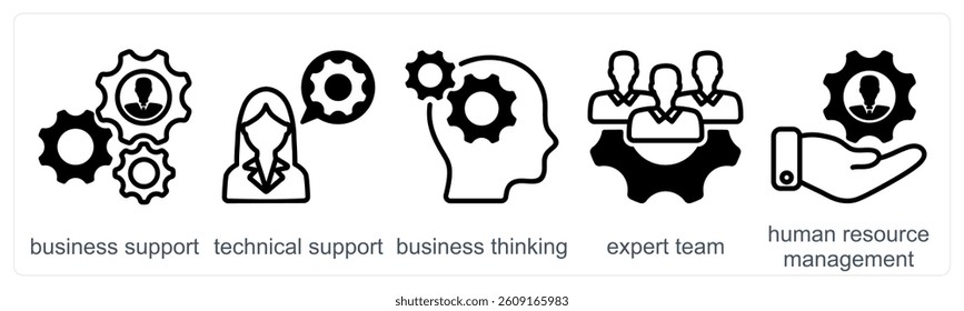 A set of 5 business icons as business support, technical support, business thinking