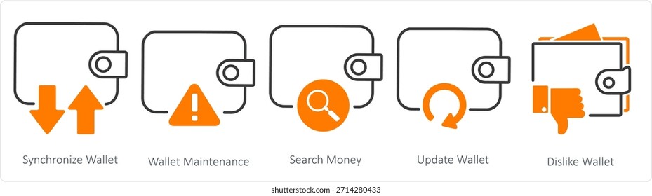 Un conjunto de 5 iconos de negocios como sincronizar billetera, mantenimiento de billetera, dinero de búsqueda
