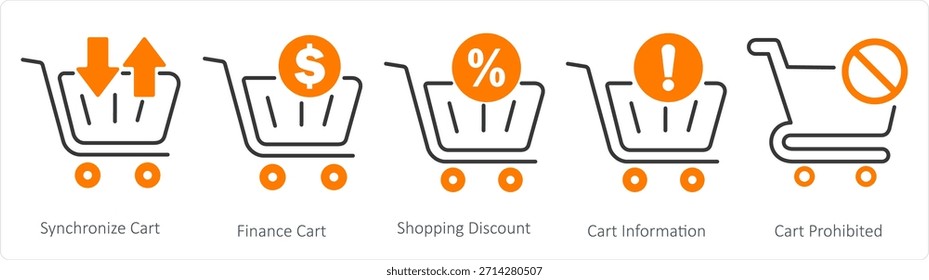 Un conjunto de 5 iconos de negocios como sincronizar el Carrito, Carrito de finanzas, descuento de compras
