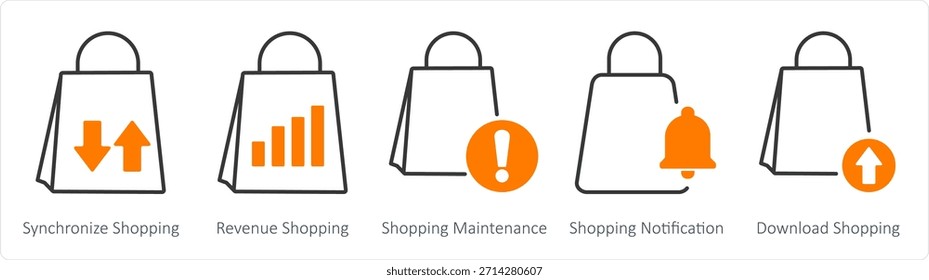 Un conjunto de 5 iconos de negocios como sincronizar compras, compras de ingresos, mantenimiento de compras