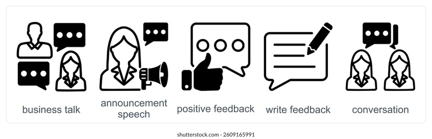 A set of 5 business icons as business talk, announcement speech, positive feedback