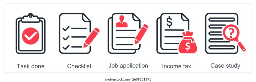 A set of 5 business icons as task done, checklist, job application