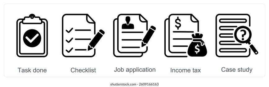 A set of 5 business icons as task done, checklist, job application