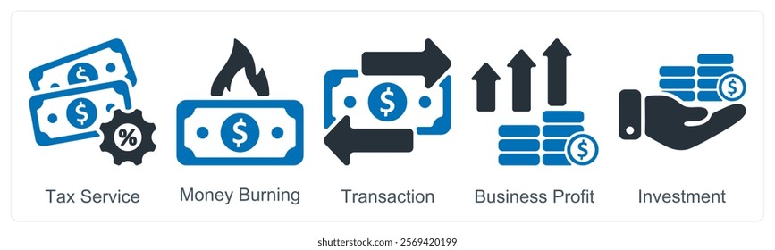 A set of 5 business icons as tax service, money burning, transaction