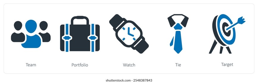 A set of 5 business icons as team, portfolio, watch