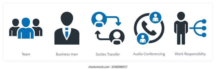 Um conjunto de 5 ícones de negócios como equipe, empresário, transferência de tarefas