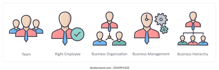 A set of 5 Business icons as team, right employee, business organization