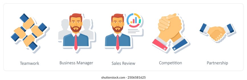 A set of 5 business icons as teamwork, business manager, sales review