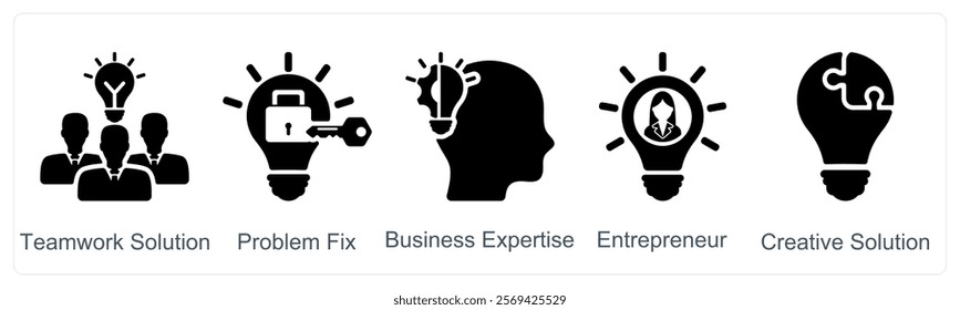 A set of 5 business icons as teamwork solution, problem fix, business expertise