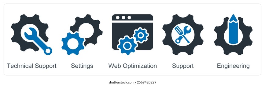 A set of 5 business icons as technical support, settings, web optimization