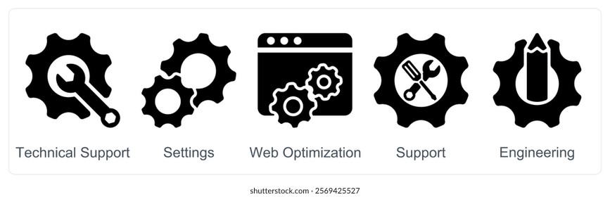 A set of 5 business icons as technical support, settings, web optimization