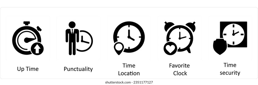 A set of 5 business icons as up time, punctuality, time location