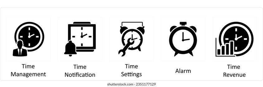 A set of 5 business icons as time management, time notification, time settings,