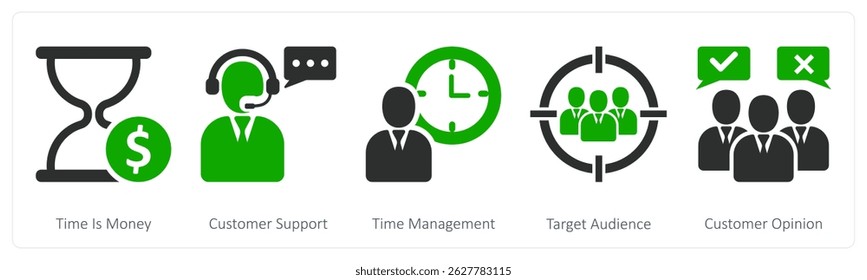 Um conjunto de 5 ícones de negócios como tempo é dinheiro, suporte ao cliente, gerenciamento de tempo