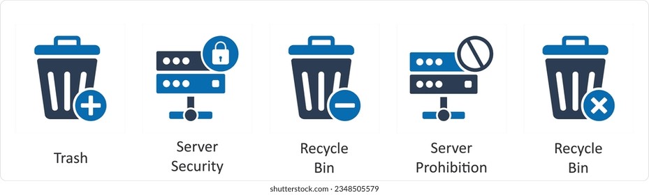 A set of 5 business icons as trash, server security, recycle bin
