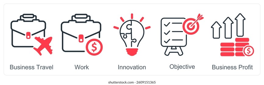 A set of 5 business icons as business travel, work, innovation