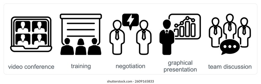 A set of 5 business icons as video conference, training, negotiation