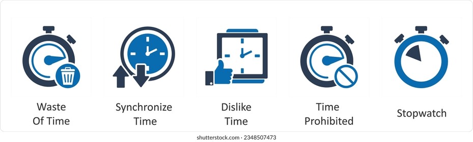 A set of 5 business icons as waste of time, synchronize time, dislike time