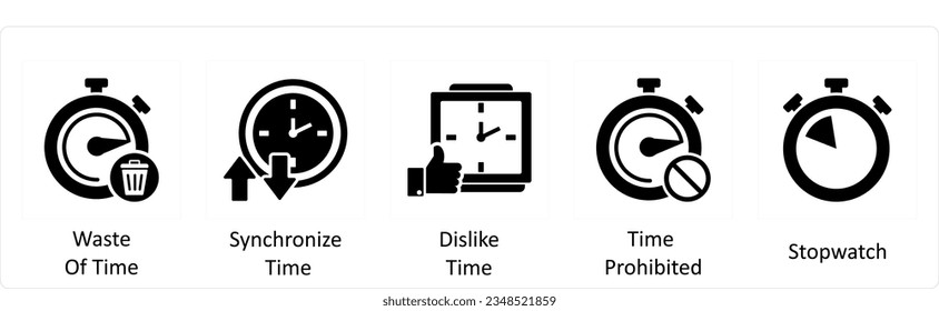 A set of 5 business icons as waste of time, synchronize time, dislike time