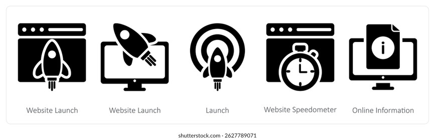 Um conjunto de 5 ícones de negócios como lançamento do site, lançamento, velocímetro do site