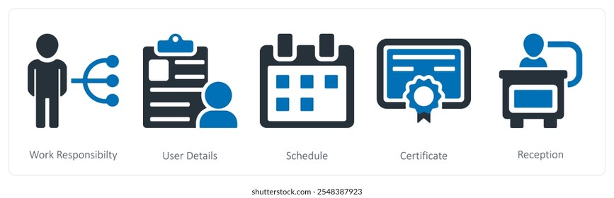 A set of 5 business icons as work responsibility, user details, schedule