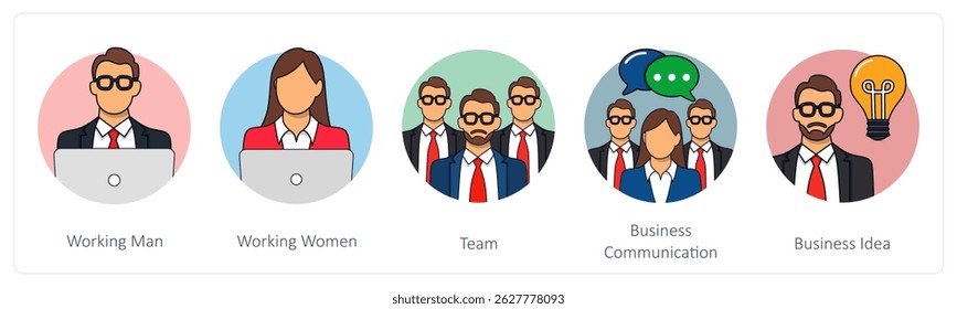 A set of 5 business icons as working man, working women, team