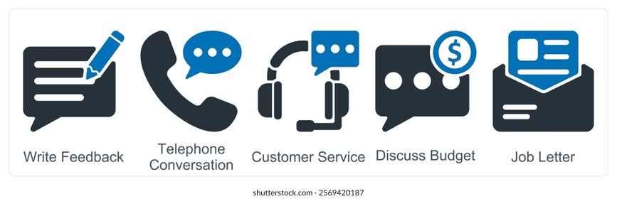 A set of 5 business icons as write feedback, telephone conversation, customer service