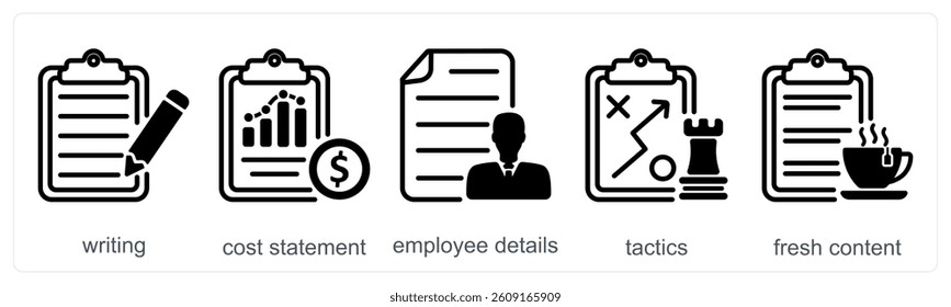 A set of 5 business icons as writing, cost statement, employee details