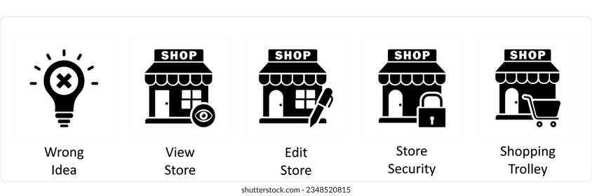 A set of 5 business icons as wrong idea, view store, edit store