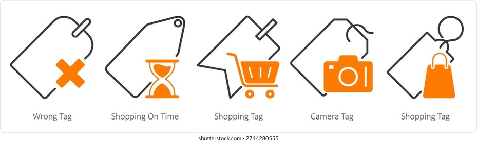 Um conjunto de 5 ícones de negócios como tag errada, compras na hora, shopping tag