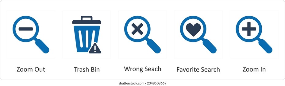 A set of 5 business icons as zoom out, trash bin, wrong search