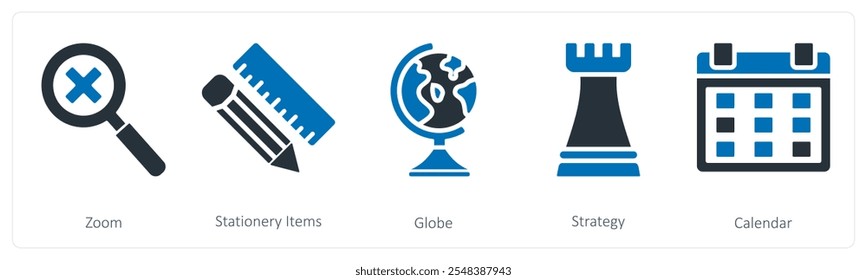 A set of 5 business icons as zoom, stationery items, globe