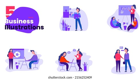 Set of 5 business illustrations. Business solution, business meeting, conversation, teamworking, team, work, office, brainstorming, business analysis