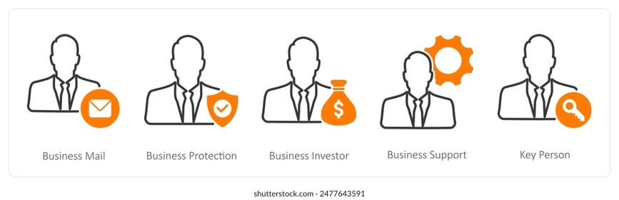 A set of 5 Business and Office icons as business mail, business protection, business investor