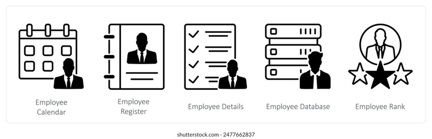 Un conjunto de 5 iconos de empresa y oficina como calendario de empleados, registro de empleados, detalles de empleados