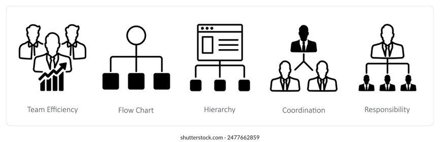 A set of 5 Business and Office icons as team efficiency, flow chart, hierarchy