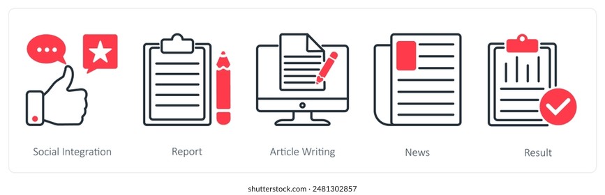 A set of 5 Business and Office icons as social integration, report, article writing
