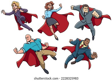 Set of 5 business people wearing red capes and in superhero poses.