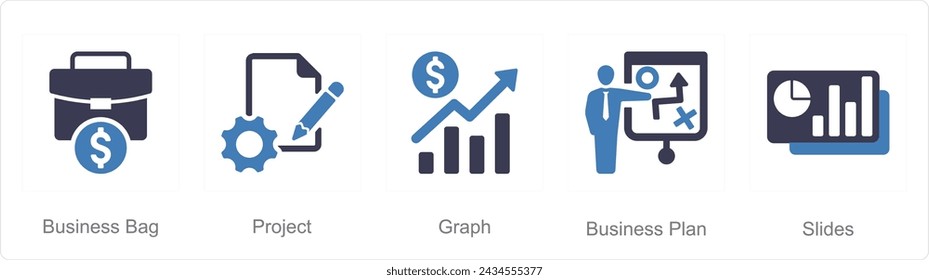 Ein Satz von 5 Business Presentation Icons als Business Tasche, Projekt, Grafik