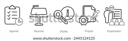A set of 5 Business Presentation icons as agenda, keynote, dislike