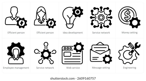 A set of 5 business and seo icons as efficient person, efficient person, idea development