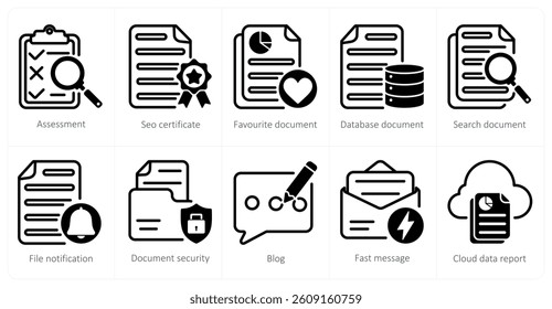 A set of 5 business and seo icons as assessment, seo certificate, favorite document