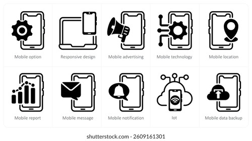 A set of 5 business and seo icons as mobile option, responsive design, mobile advertising, mobile technology